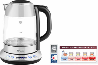 ECG RK 1781 Glass strieborná / rýchlovarná kanvica / 2200W / 1.7 L / sklo a nerez 
