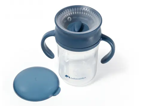BEBECONFORT Hrnček trénovací 360° 280ml 6m+ Blue / od 6 mesiacov