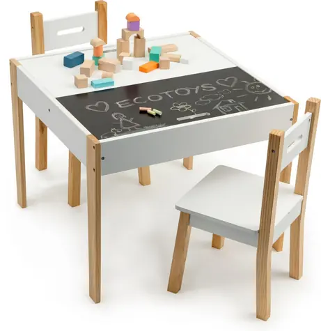 ECOTOYS Detský drevený stôl s tabuľou a dvoma stoličkami