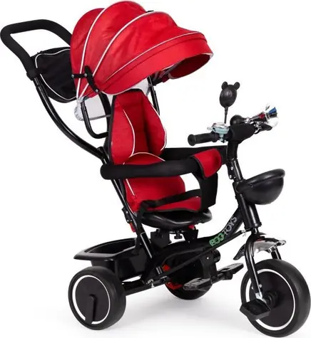 ECOTOYS Trojkolka so strechou a vodiacou tyčou červeno-čierna