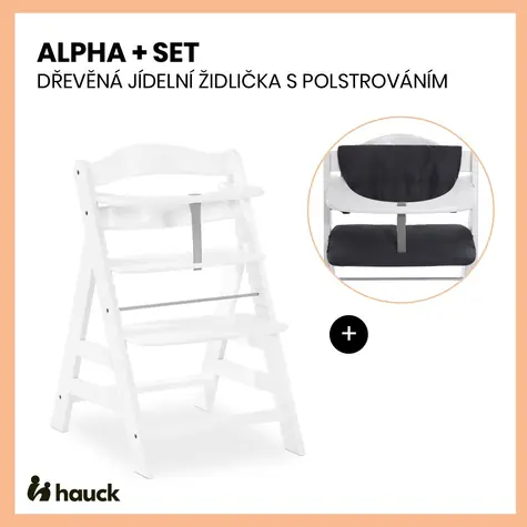 Hauck Alpha+ set 2v1 drevená stolička, white + polstrovanie Melange charcoal