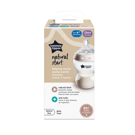 Tommee Tippee Natural Start Samosterilizační Dojčenská Fľaša s ANTI-COLIC cumlíkom Pomalý Prietok 260 ml 0m+