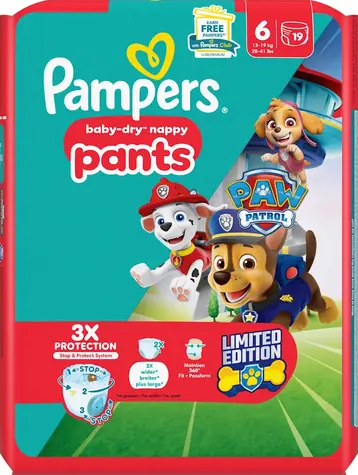 Pampers Baby-Dry Pants Paw Patrol 14-19 kg (19 ks) / plienkové nohavičky / veľkosť 6 (14-19 kg)