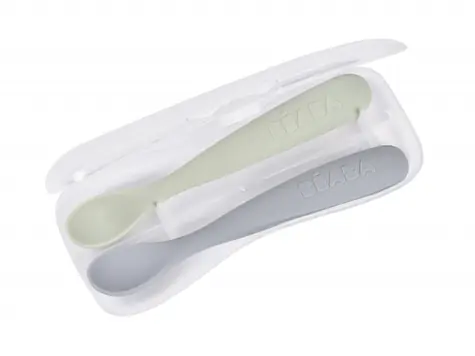 Beaba Prvé lyžičky silikónové s puzdrom 2 ks Pebble Green