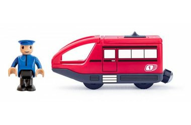 Woody Moderný elektrický vláčik červená / obojsmerný pohon / figúrka rušňovodiča / 10 x 4.5 cm / 1×AA / od 3 rokov