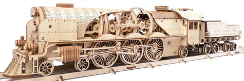 Ugears 3D drevené mechanické puzzle V-Express parná lokomotíva 4-6-2 s tendrem / od 14 rokov / 538 dielov / Obtiažnosť: vysoká