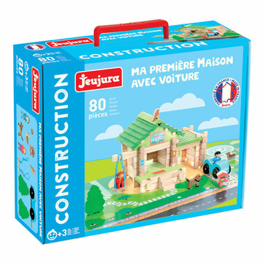Jeujura Drevená stavebnica 80 dielov Môj prvý dom s autom / od 5 rokov