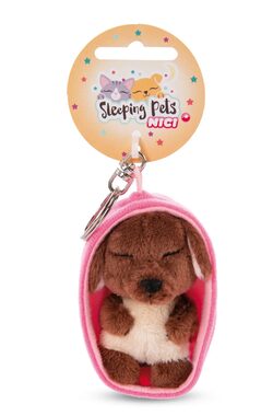 Nici kľúčenka Spiaci psík 8cm hnedý košík ružový / od 3 rokov