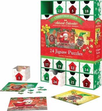 EUROGRAPHICS Puzzle Adventný kalendár: Vianoční psíci / 24x50 dielikov / od 6 rokov