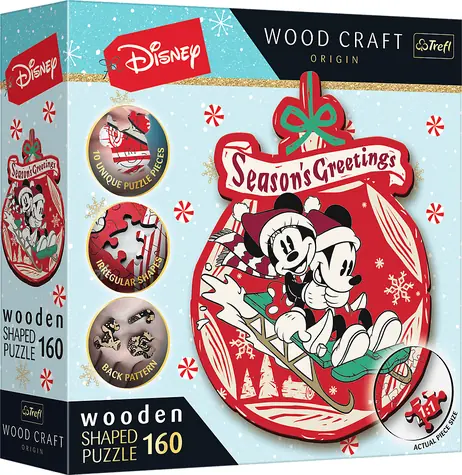 Trefl Wood Craft Origin - Puzzle - Vianočné dobrodružstvo Mickeyho a Minnie / 160 dielikov / 24.4 x 21.3 cm / vek 9+