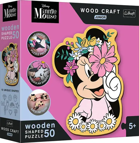 Trefl Wood Craft Junior - Puzzle - Vo svete Minnie Mouse / 50 dielikov / 28.3 x 51.9 cm / vek 3+