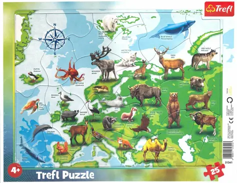 Trefl - Puzzle - Mapa Európy so zvieratkami / 25 dielikov / 31.5 x 23.5 cm / vek 4+