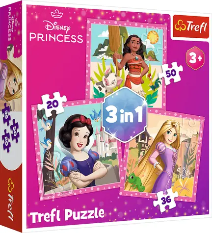 Trefl - Puzzle - Disney princeznej: Vaina, Locika a Snehulienka 3v1 / 20|36|50 dielikov / 20 x 19.5 cm / vek 7+