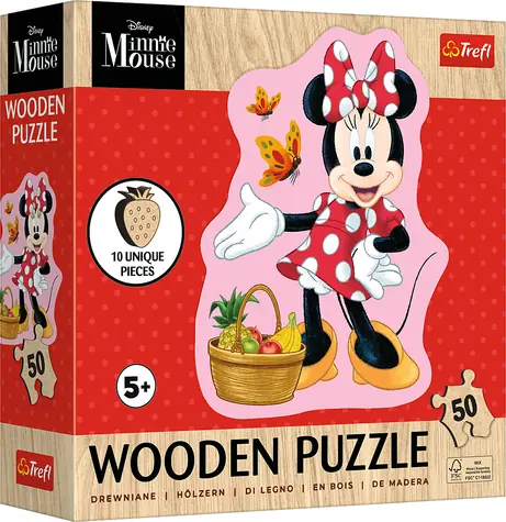 Trefl - Puzzle - Drevené obrysové puzzle Šťastná Minnie / 50 dielikov / 22.4 x 28 cm / vek 5+
