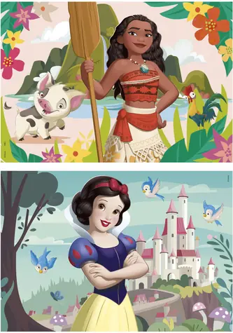 Educa Drevené puzzle Disney princeznej: Vaiana a Snehulienka / 2x50 dielikov / od 4 rokov