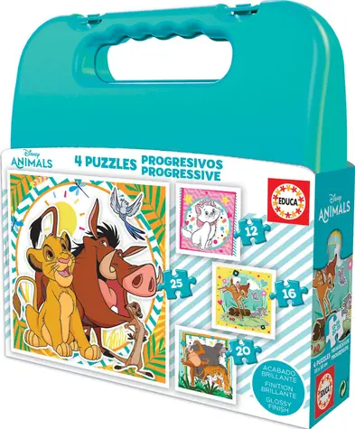 Educa Puzzle v kufríku Disney zvieratká 4v1 / (12 & 16 & 20 & 25 dielikov) / od 3 rokov