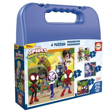 Educa Puzzle v kufríku Spidey a jeho úžasní priatelia 4v1 / (6 & 9 & 12 & 16 dielikov) / od 3 rokov