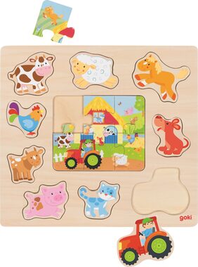 GOKI Drevená vkladačka + Puzzle Zvieratká z farmy / od 2 rokov