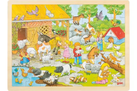 GOKI Drevené puzzle Detská Zoo / 48 dielikov / od 3 rokov