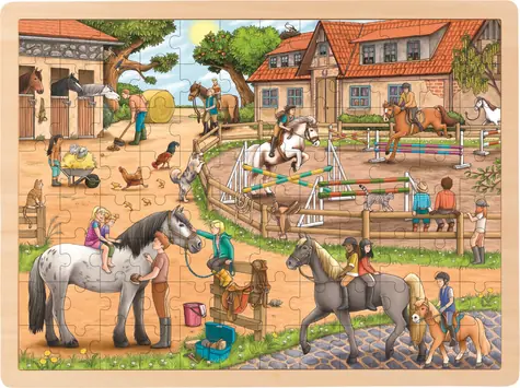 GOKI Drevené puzzle Jazdecká stajňa / 96 dielikov / od 3 rokov