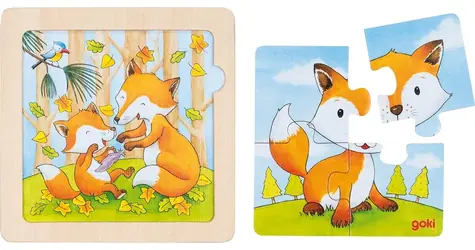 GOKI Drevené puzzle Líška 4 dieliky / od 12 mesiacov