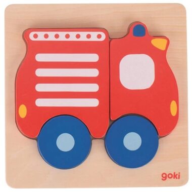 GOKI Drevené vkladacie puzzle Hasičské auto / 4 dieliky / od 2 rokov