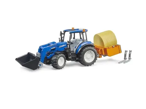 Bruder Traktor New Holland T5.120 s čelným nakladačom, korbou, vidlami a okrúhlym balíkom / 1:16 / od 3 rokov