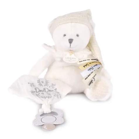 Doudou Darčeková sada Plyšový medvedík s úchytom na cumlík a dečkou béžový 20 cm / od 0 mesiacov