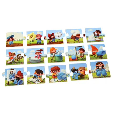 Puzzlika 14231 Výroba džínsov - náučné dejové puzzle / 15 dielikov / od 2 rokov