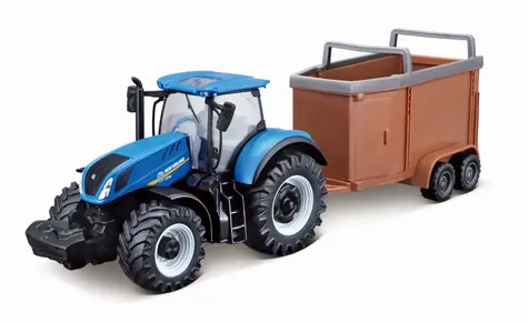 Bburago FARMLAND Traktor New Holland T7.315 HD s prívesom na prepravu hospodárskych zvierat / 10 cm / od 3 rokov