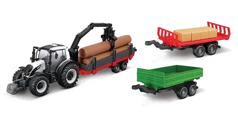 Bburago FARMLAND Set Traktor Valtra N174 s tromi prívesmi / 10 cm / od 3 rokov