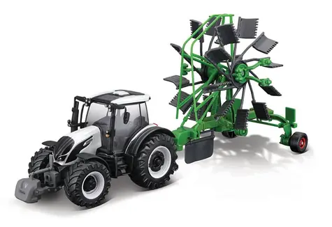 Bburago FARMLAND Traktor Valtra N174 s rotačnými hrabľami / 10 cm / od 3 rokov
