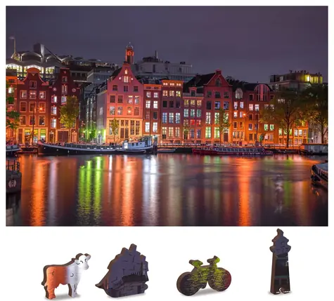 Wooden City Drevené puzzle Nočný Amsterdam 2v1 / 150 dielikov / EKO / od 8 rokov