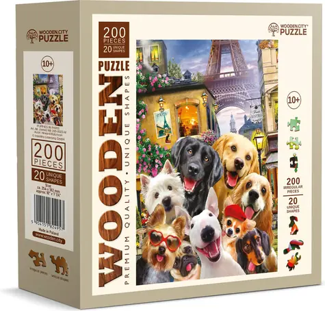 Wooden City Drevené puzzle Šteňatá v Paríži / 200 dielikov / od 10 rokov