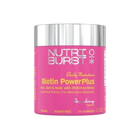 Nutriburst Biotin PowerPlus - gumídci pre vlasy, pleť a nechty s biotínom, zinkom a liposomálnym vitamínom C, jahoda 60ks