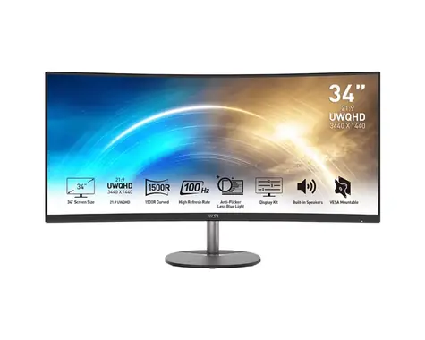 34" MSI PRO MP341CQ / VA / 3440x1440 / 21:9 / 3000:1 / 4ms / 300cd-m2 / HDMI&DP / VESA