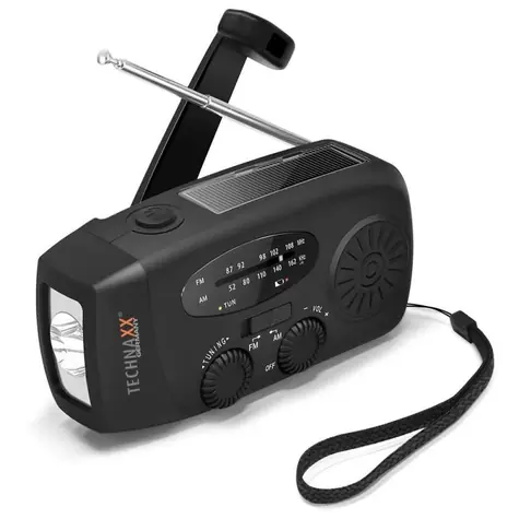 Technaxx TX-238 Ručné solárne rádio, čierna / AM/FM / LED Svietidlo / USB-A výstup / solárny panel