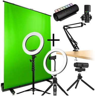 Streamplify Streaming Komplett-Bundle V2 / Streamovacia sada / Greenscreen / 2x LED svetlo / mikrofón / kamera / Hub CTRL