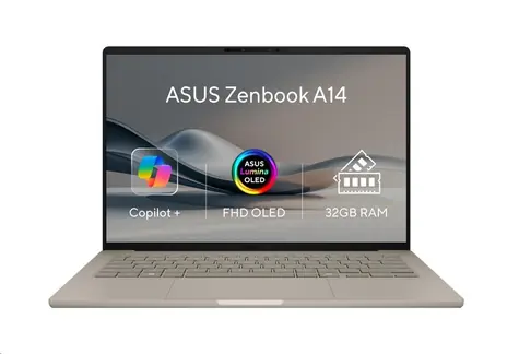 Asus Zenbook A14 zlatá / 14" WUXGA OLED / Qualcomm Snapdragon X1-26-100 / 32GB / 1TB SSD / Adreno / W11P