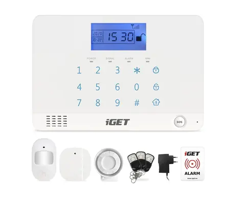 iGET SECURITY M3B Zabezpečovacia jednotka / 1x pohybové čidlo / 1x dverné-okenné čidlo / dotyková klávesnica / LCD