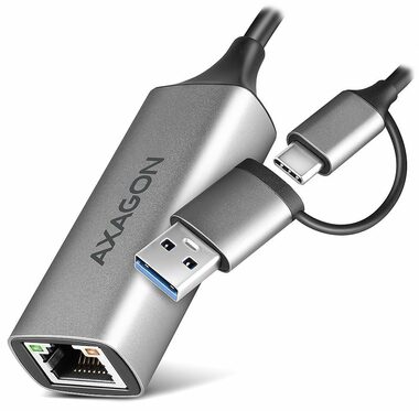 Axagon ADE-TXCA, USB-C + USB-A 3.2 Gen 1 - Gigabit Ethernet sieťová karta, Asix AX88179, auto inštal