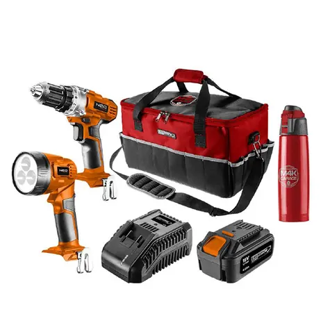 Neo Tools 04-600-M4K / Súprava náradia / aku | vŕtačka | svietidlo | akumulátor | nabíjačka / 18V / 6ti dielna