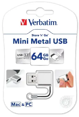 Verbatim Store 'n' Go Mini Metal 64GB strieborná / Flash Disk / USB 3.0 / čítanie: 60MBs / zápis: 12MBs