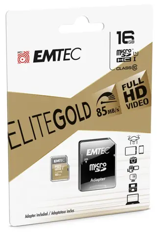 EMTEC Gold PLUS micro SDHC karta 16GB + adaptér SD / UHS-I / Class 10 / čítanie: 85MBs / zápis: 21MBs / vhodné pre FullHD