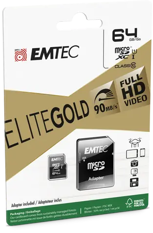 EMTEC Elite Gold micro SDXC karta 64GB + adaptér SD / U1 / Class 10 / čítanie: 90MBs / zápis: 20MBs / vhodné pre FHD