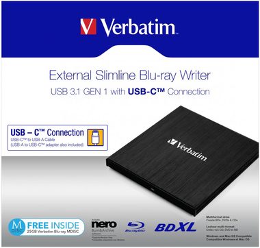 VERBATIM Slimline čierna / Blu-ray + DVD externá napaľovačka / USB 3.1 Gen. 1 / USB-C