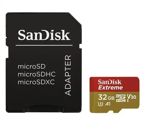 SanDisk Extreme microSDHC 32GB + adaptér / Class 10 / A1 / UHS-I / V30 / čítanie: 100MBs / zápis: 60MBs / vhodné pre FHD