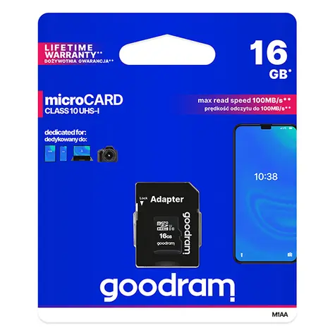 Goodram microSDHC 16GB + adaptér / Class 10 / UHS-I U1 / R: 100 MBs / W: 10 MBs