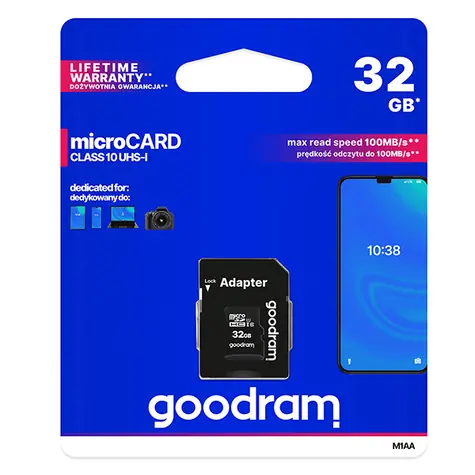 Goodram microSDHC 32GB + adaptér / Class 10 / UHS-I U1 / R: 100 MBs / W: 10 MBs