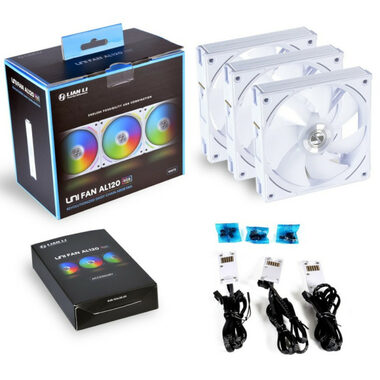 Lian Li UNI FAN AL120 RGB PWM biela (3ks) + kontrolér / 3x120 mm ARGB / 28.3 dB @ 800-1900 RPM / 64.5 CFM / 4-pin